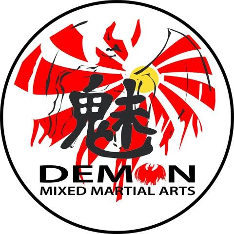 A red and white logo with the words demon mixed martial arts in black.